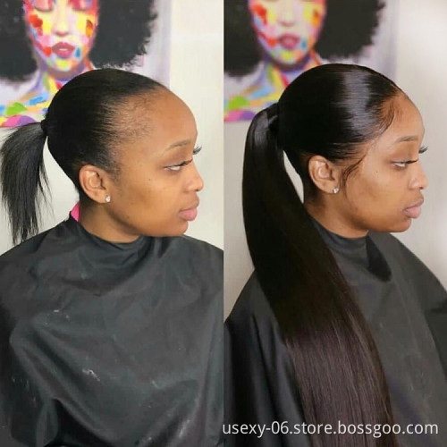 Natural Black Mink Brazilian Hair Ponytail Extneisons Long Yaki Straight Wrap Around Human Hair Ponytails